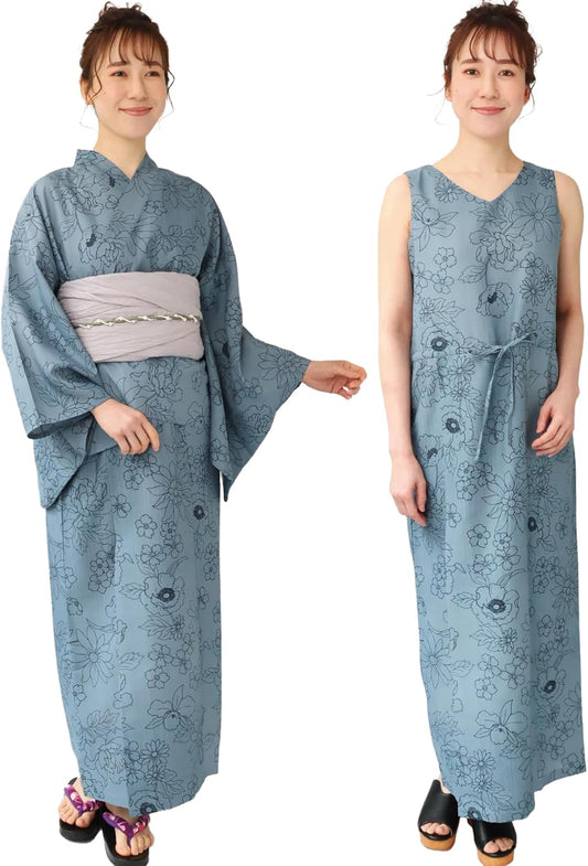 ON NISHIKI 2-WAY One-Piece Yukata, 3-Piece Set, Moisture Wicking, Quick Drying, Separate, Two-Part Type, Women's, Adults, Waistband, One Size, Easy to Wear, Fireworks Festival