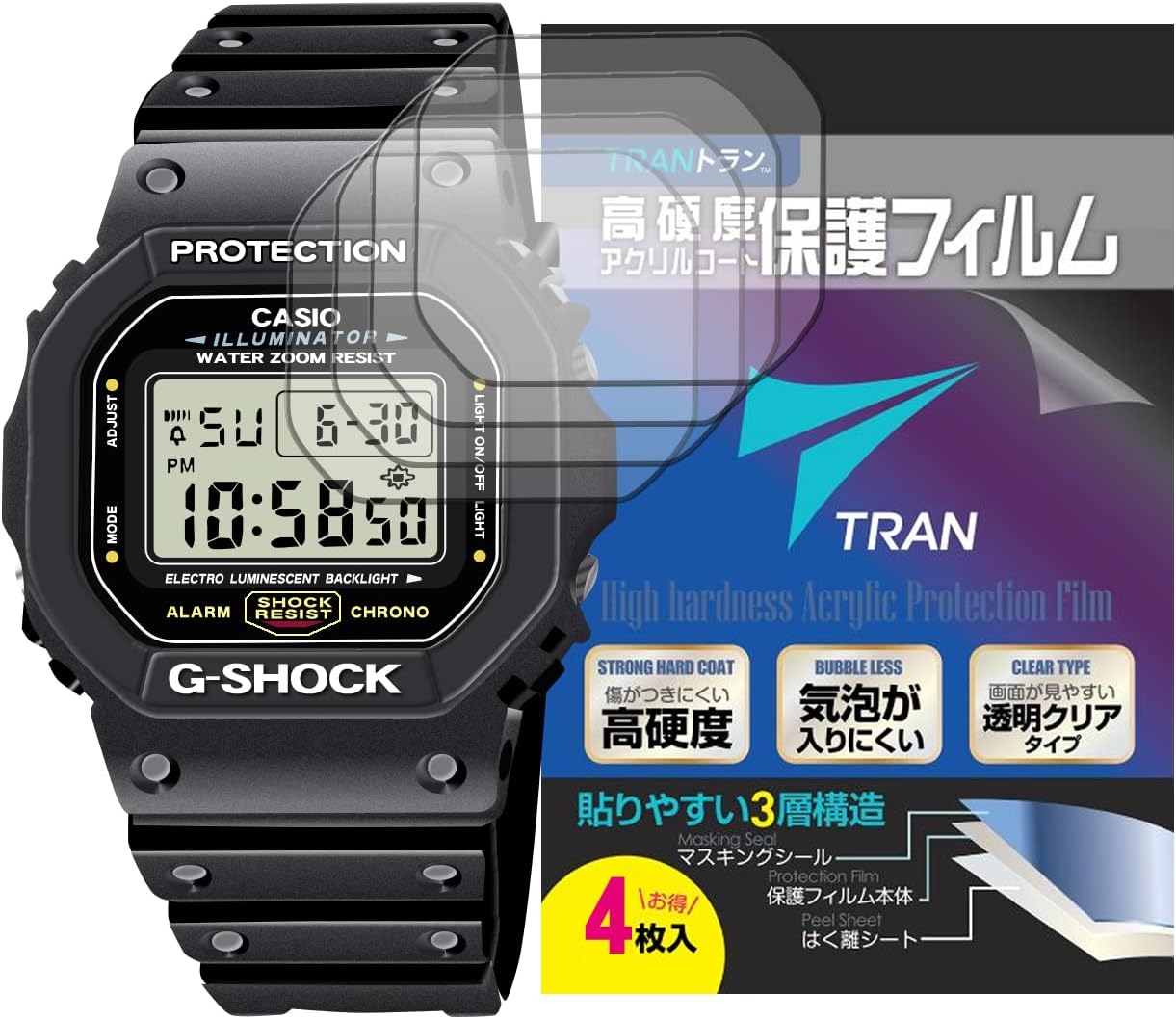 TRAN(R) CASIO Watch G-Shock Compatible LCD Protective Film Set of 2 High Hardness Acrylic Coated Bubble Resistant Transparent Clear Type for CASIO G-SHOCK (DW-5600 GW-B5600 GW-5000 GB-5600B GMW-B5000