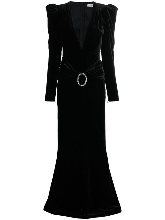 Alessandra Rich アレッサンドラリッチディープネックラインベルベットロングドレス - Image 1