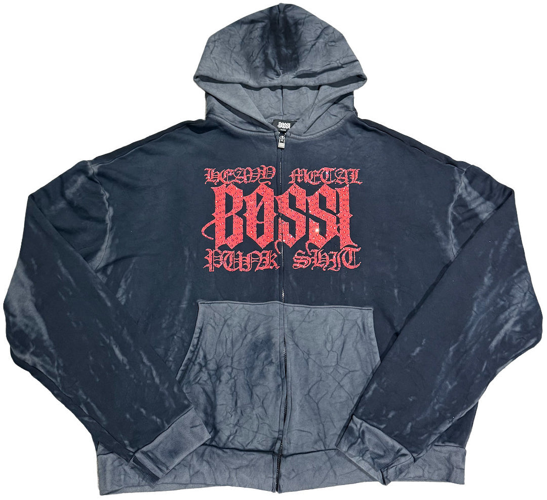 BOSSI 'RED HEAVY METAL' WASHED BLACK RHINESTONE ZIP-UP