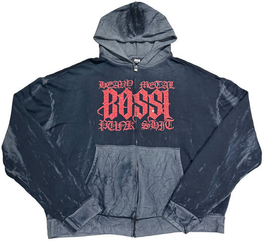 BOSSI 'RED HEAVY METAL' WASHED BLACK RHINESTONE ZIP-UP
