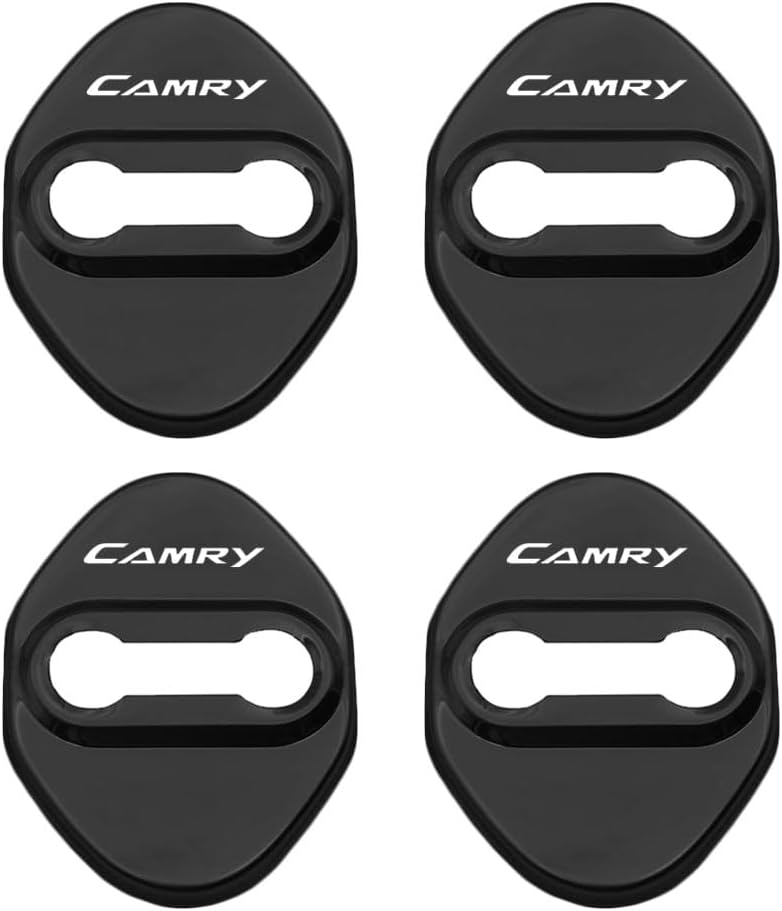 Toyota Camry AX70 Series Door Striker Cover Door Lock Cover with Logo Rust Resistant Metal Custom Parts Set of 4 (Black)