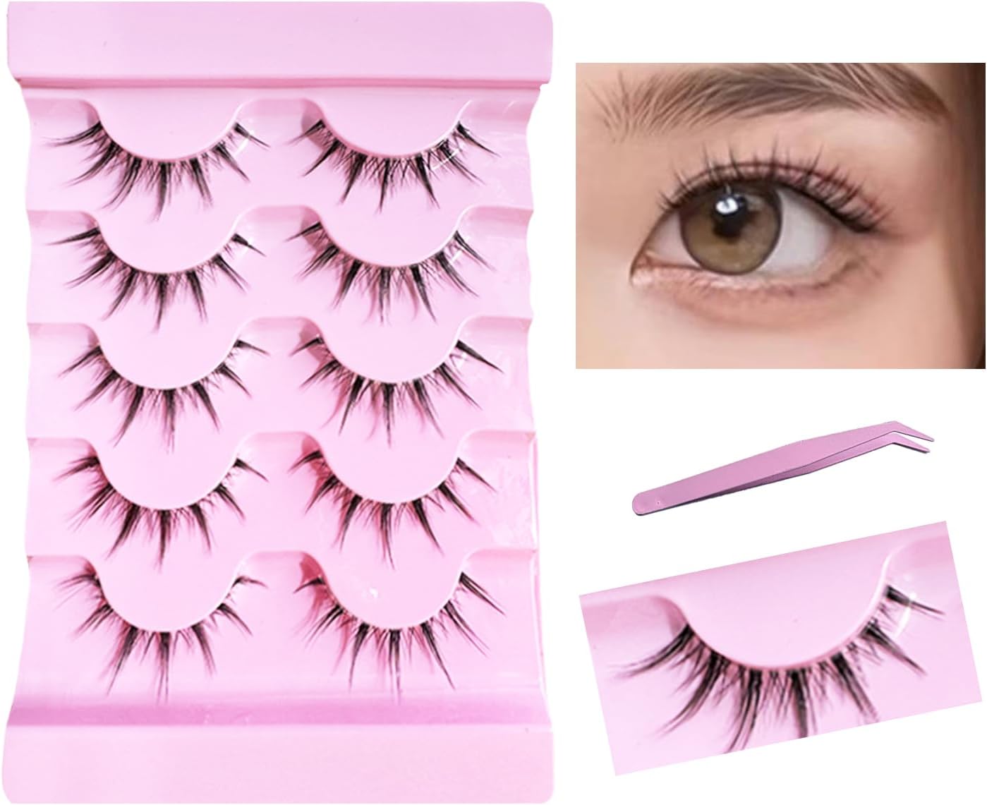 False Eyelashes, Easy for Beginners, Easy to Apply False Eyelashes, Handmade False Eyelashes, Natural Eyelashes, Tweezers Included, Thin Makeup Gifts, 5 Pairs (manga lash A)