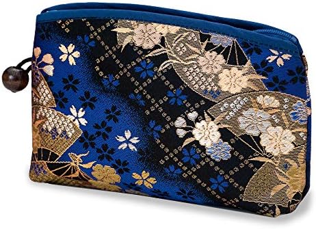 Kyoto Geimidou Nishijin Textile High-grade Gold Brocade Cosmetic Pouch, Japanese Pattern, Made in Japan, blue