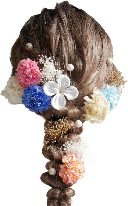 [Lomeri] Romeri Hair Ornament, 6 Colors, Dried Flowers, Mu, Kimono, Kimono, Yukata, Decoration, Furisode, Coming-of-Age Ceremony, Wedding, Graduation Ceremony, Wedding, Cute Shichi-Go-San U (Blue Pink