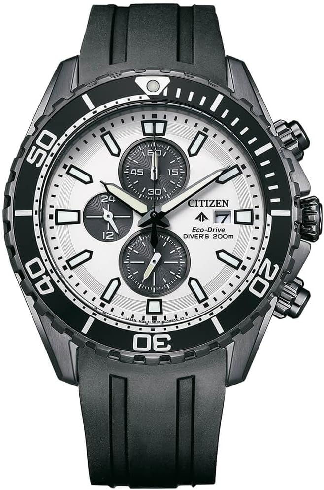 Citizen Rubber Promaster Marine Chronograph Eco-Drive White Dial Men's Analog Watch Ca0825-05A, Black Band