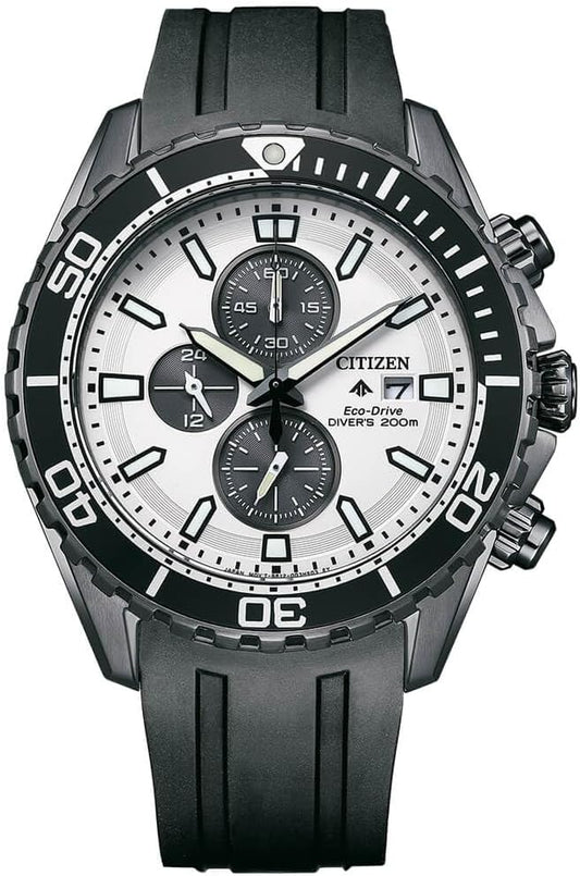 Citizen Rubber Promaster Marine Chronograph Eco-Drive White Dial Men's Analog Watch Ca0825-05A, Black Band