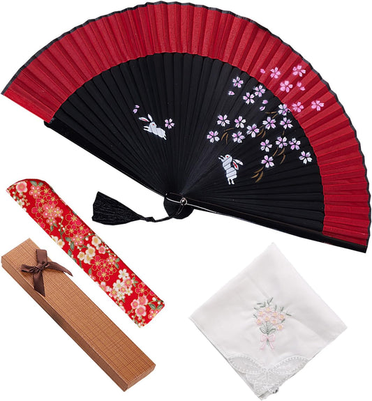 Jinchuan Women's Folding Fan, Luxury Business Fan Holder with Handkerchief Set, Cherry Blossom Rabbit, Japanese Style, Original Design