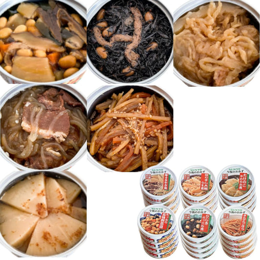 Sanyodo Side Dish Canned Emergency Food Long-term Storage 5 Years (Best Before: July 2030 or later) 24-Can Set (6 Types x 4 Cans Each) Assorted Set for Disaster Preparedness and Stockpiling Sanyo Side