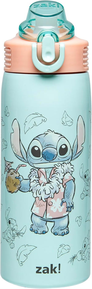 Zak Designs Disney Sage - Botella de agua para niños para la escuela o viajes, botella de agua de acero inoxidable de 19 onzas con pajita, asa y tapa de boquilla desplegable a prueba de fugas (Stitch)