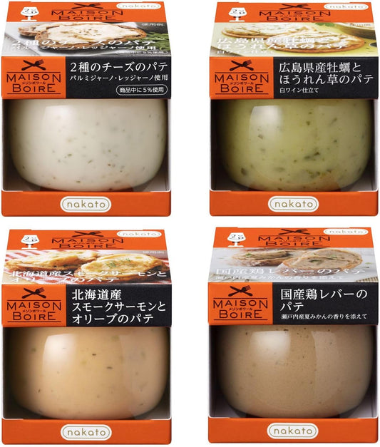 Nakato (Nakatou) Maison Boil 4 Assorted Types 2 Types of Cheese/Hiroshima Oyster Spinach/Hokkaido Smoked Salmon/Domestic Liver Pate (Perfect for Wine - Shelf-stable Jarred Appetizers)