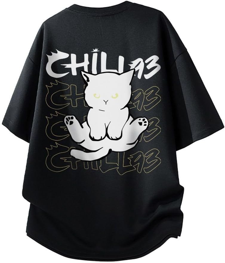 Summer Clothing, Men's, Short Sleeve, 100% Cotton, Large Size, Funny, Cute Cat Pattern, Printed, Round Neck, Half Sleeve, Top, Lightweight, Soft, Comfortable, Casual, Cute, Fashionable