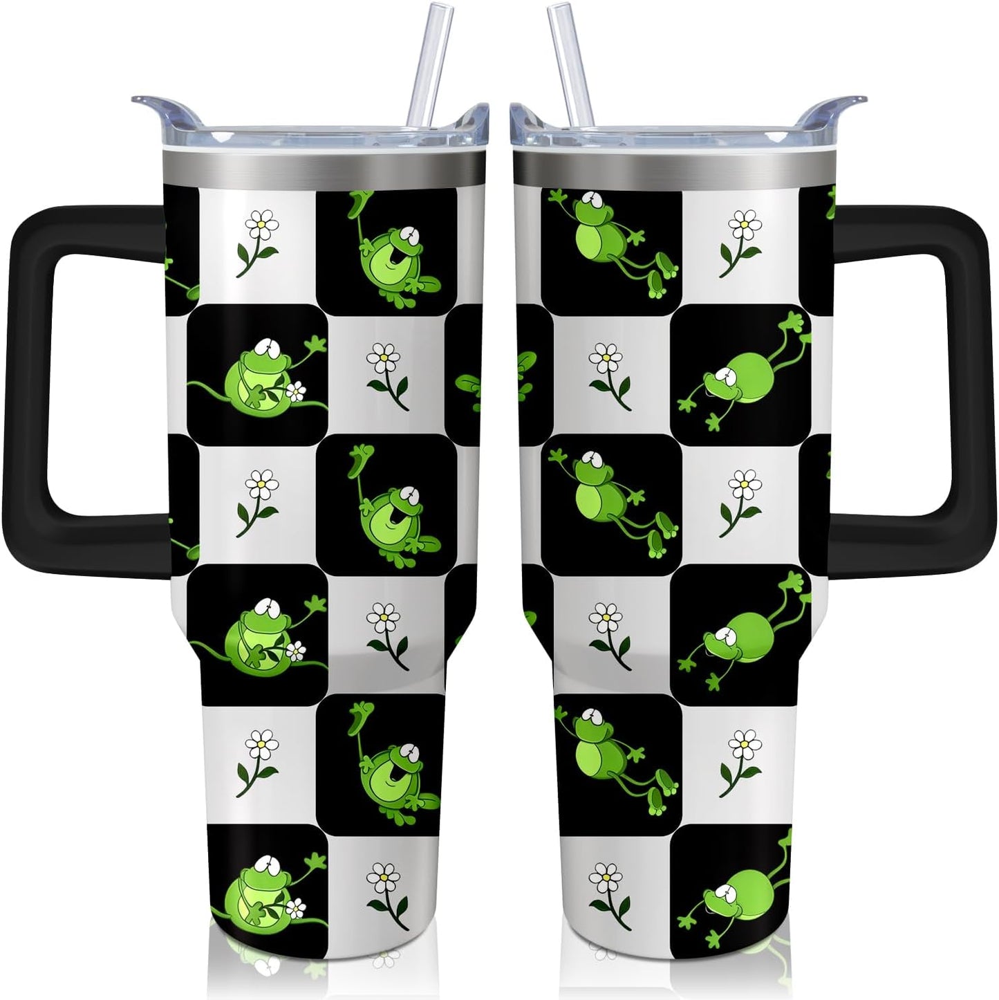 Vaso de rana de 40 onzas con asa y pajilla, taza aislada de acero inoxidable a cuadros búfalo con tapa, taza de café de viaje, botella de agua, regalos de cumpleaños para el día de la madre