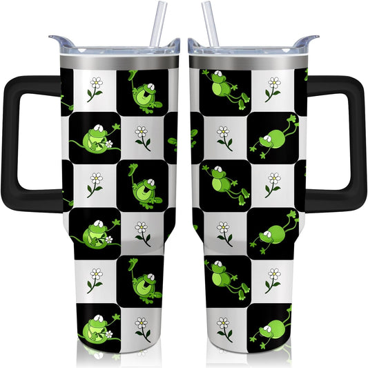 Vaso de rana de 40 onzas con asa y pajilla, taza aislada de acero inoxidable a cuadros búfalo con tapa, taza de café de viaje, botella de agua, regalos de cumpleaños para el día de la madre