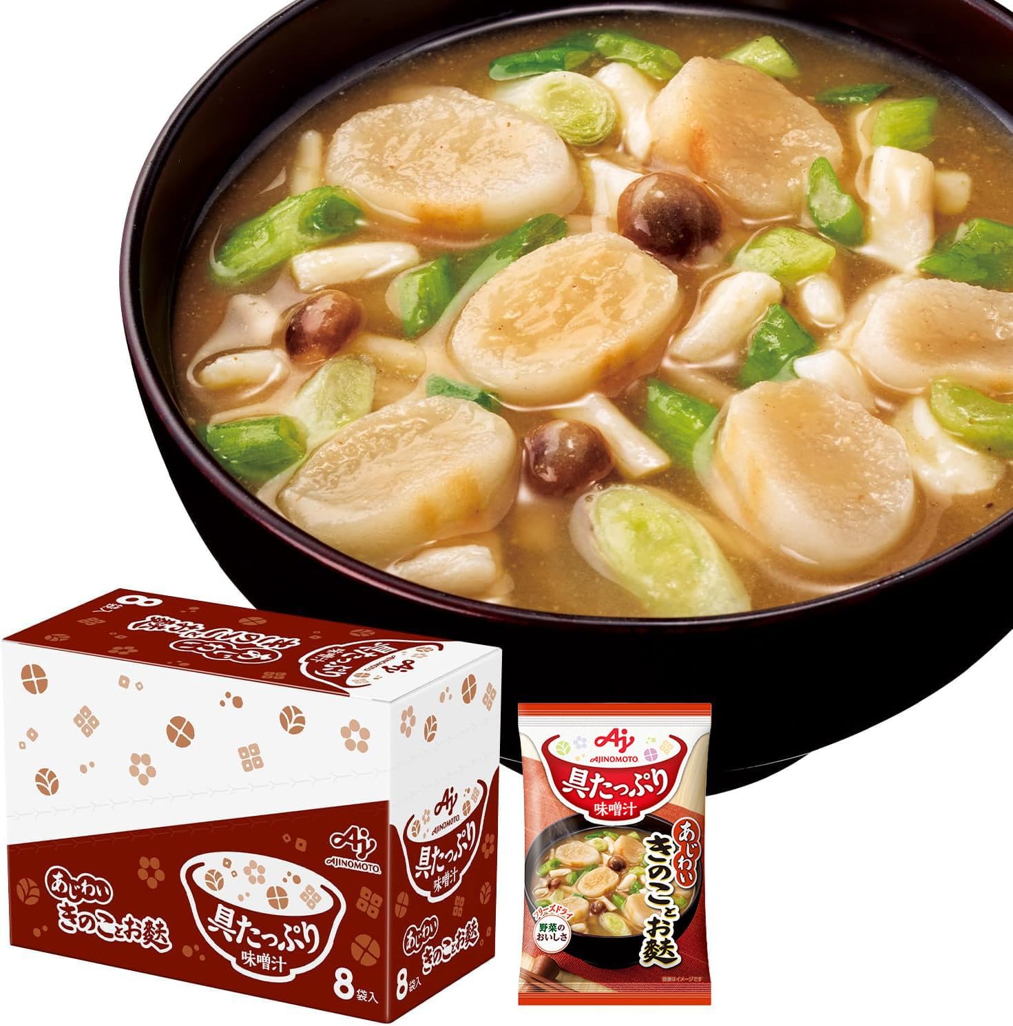 Tasty Miso Soup with Plenty of Ingredients Ajinomoto, Mushrooms and Tofu 8-Pack Box Freeze-Dried Instant Miso Soup Instant Plenty of Ingredients Vegetables Instant