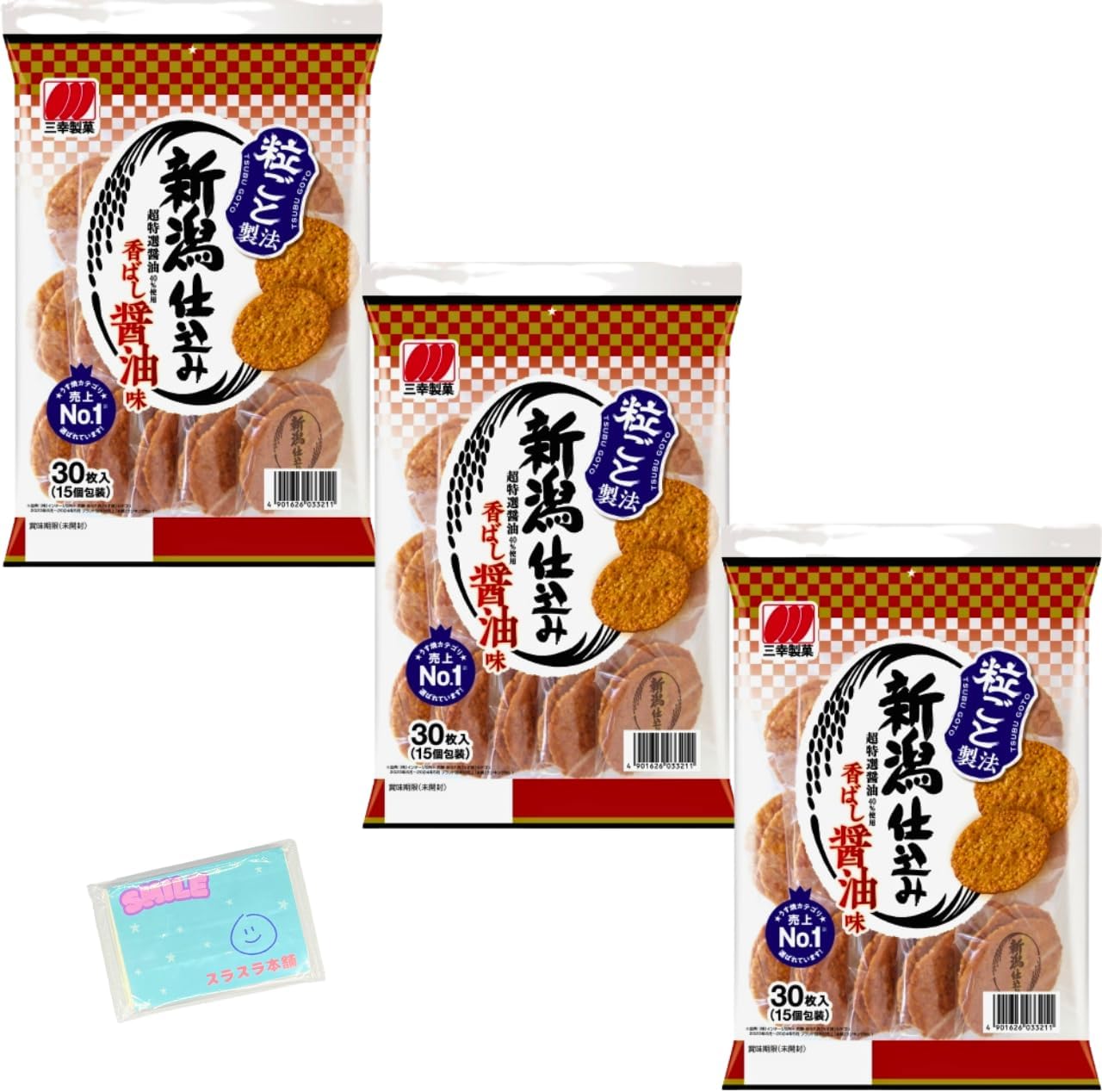 Monolog Style Sankyoku Seika Niigata Jiri Scented Soy Sauce Flavor, 30 Sheets (Package of 15) x 3 Bags Set, Includes Original Pocket Tissue by SURRA Honpo