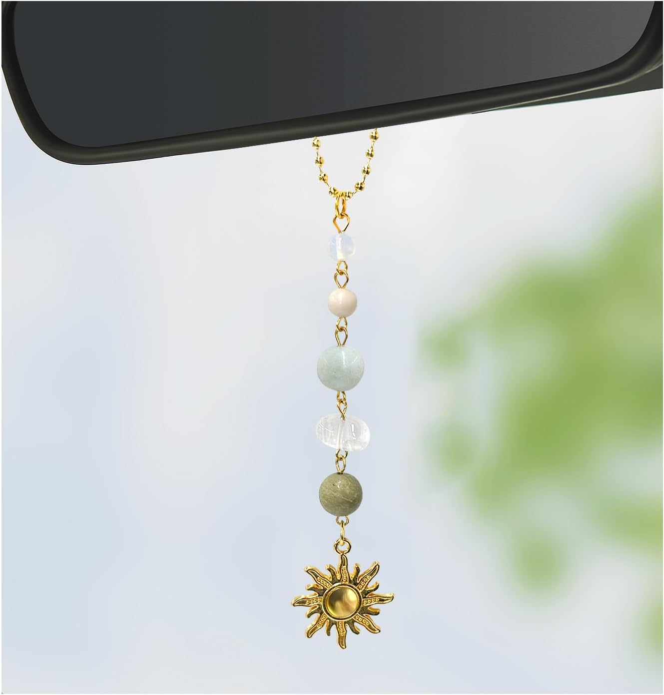 Sun Hanging Car Charm, Cute Boho Dangling Auto Rear View Mirror Pendant Sun Decor, Handmade Vehicle Mirror Hanging Ornament with Healing Crystals Stones for Women Men (Green)