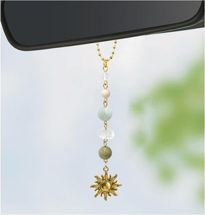 Sun Hanging Car Charm, Cute Boho Dangling Auto Rear View Mirror Pendant Sun Decor, Handmade Vehicle Mirror Hanging Ornament with Healing Crystals Stones for Women Men (Green)