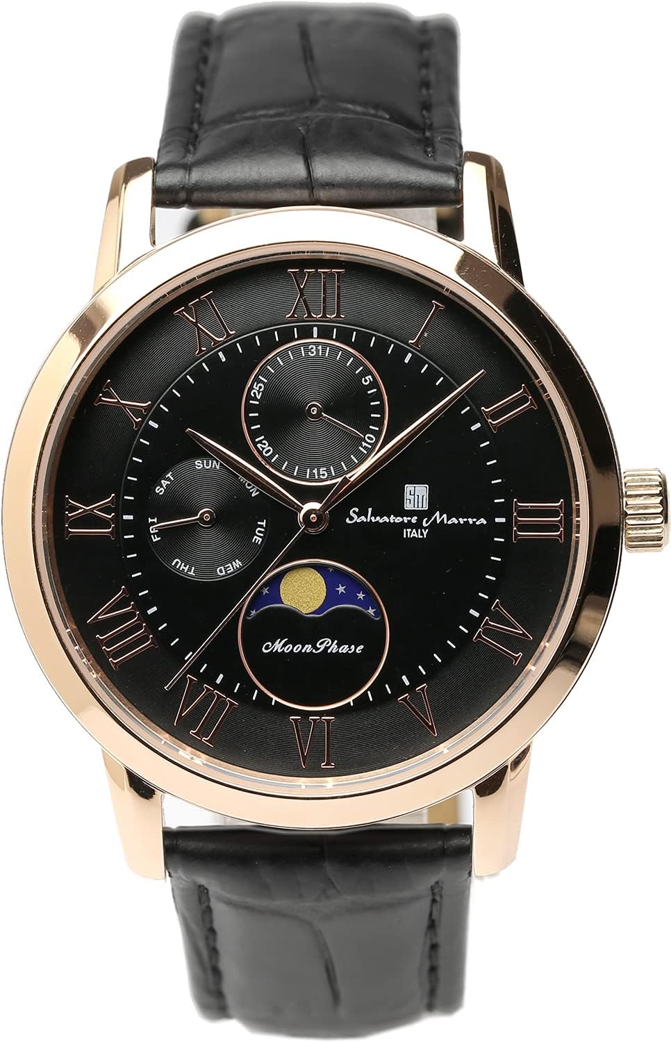 Salvatore Marra Moonphase Multi-Calendar 5 ATM Waterproof Business Formal Men's Leather Belt Exclusive Model Black Pink Gold SM21106-PGBK