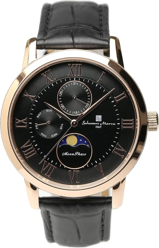 Salvatore Marra Moonphase Multi-Calendar 5 ATM Waterproof Business Formal Men's Leather Belt Exclusive Model Black Pink Gold SM21106-PGBK