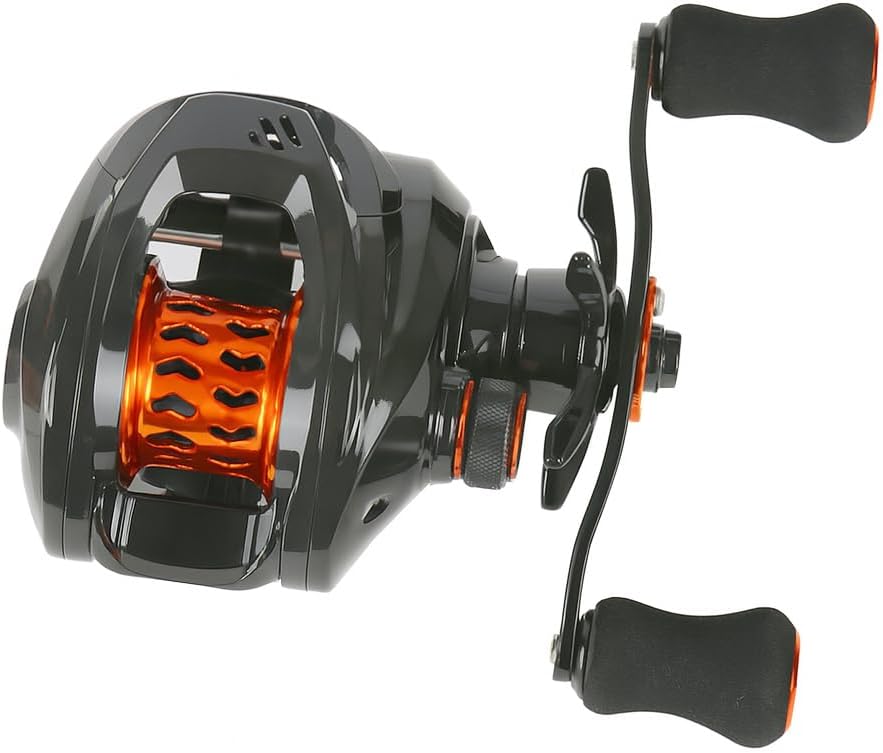 yu409 Bait Reel, Lightweight, Carbon Body, 7.1:1, High Speed Gear Ratio, Fishing Reel, 10 Levels Magnetic Brake, CNC Spool, Smooth Rotation, Black and Orange, For Lure Fishing, Sea Bass