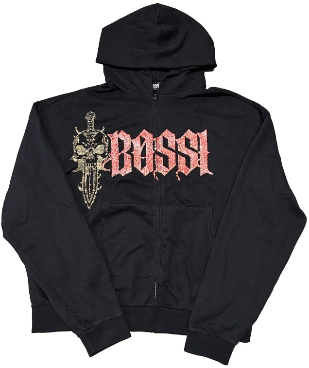 BOSSI 'RED/GREY' CLASSIC LOGO RHINESTONE ZIP-UP HOODIE