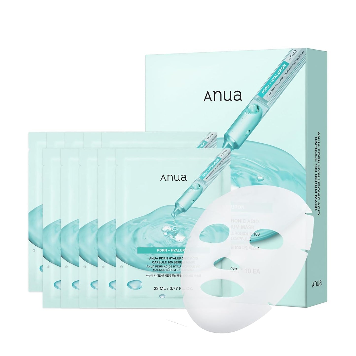ANUA PDRN Máscara de Suero en Cápsula de Ácido Hialurónico 100, mascarilla coreana en hoja para brillo diario con PDRN de Salmón, Ácido hialurónico, Colágeno, Mascarilla facial de autocuidado en casa