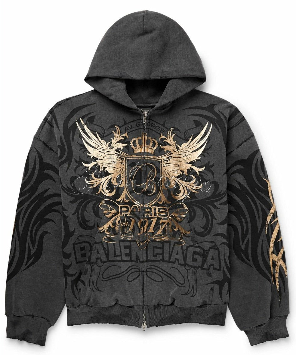 BALENCIAGA 'TACKY' EMBELLISHED METALLIC LOGO ZIP UP HOODIE