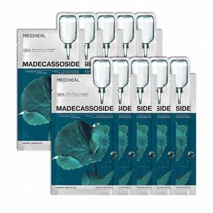 Mediheal Máscara de hoja esencial Madecassoside Reparación de imperfecciones 10 piezas. 98% pureza Madecassoside y ácido hialurónico incluidos. Mejora de la barrera de humedad y cuidado de la textura
