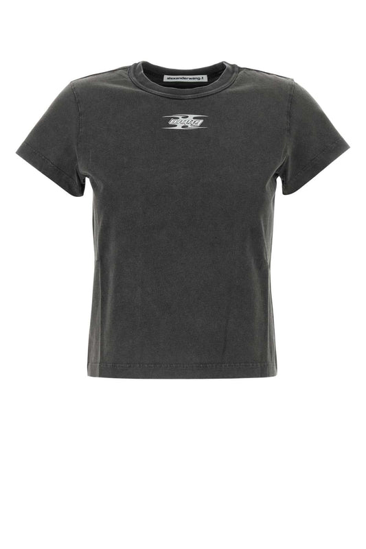 T By Alexander Wang Tによるアレクサンダー・ワンダークグレーコットンTシャツ - Image 1