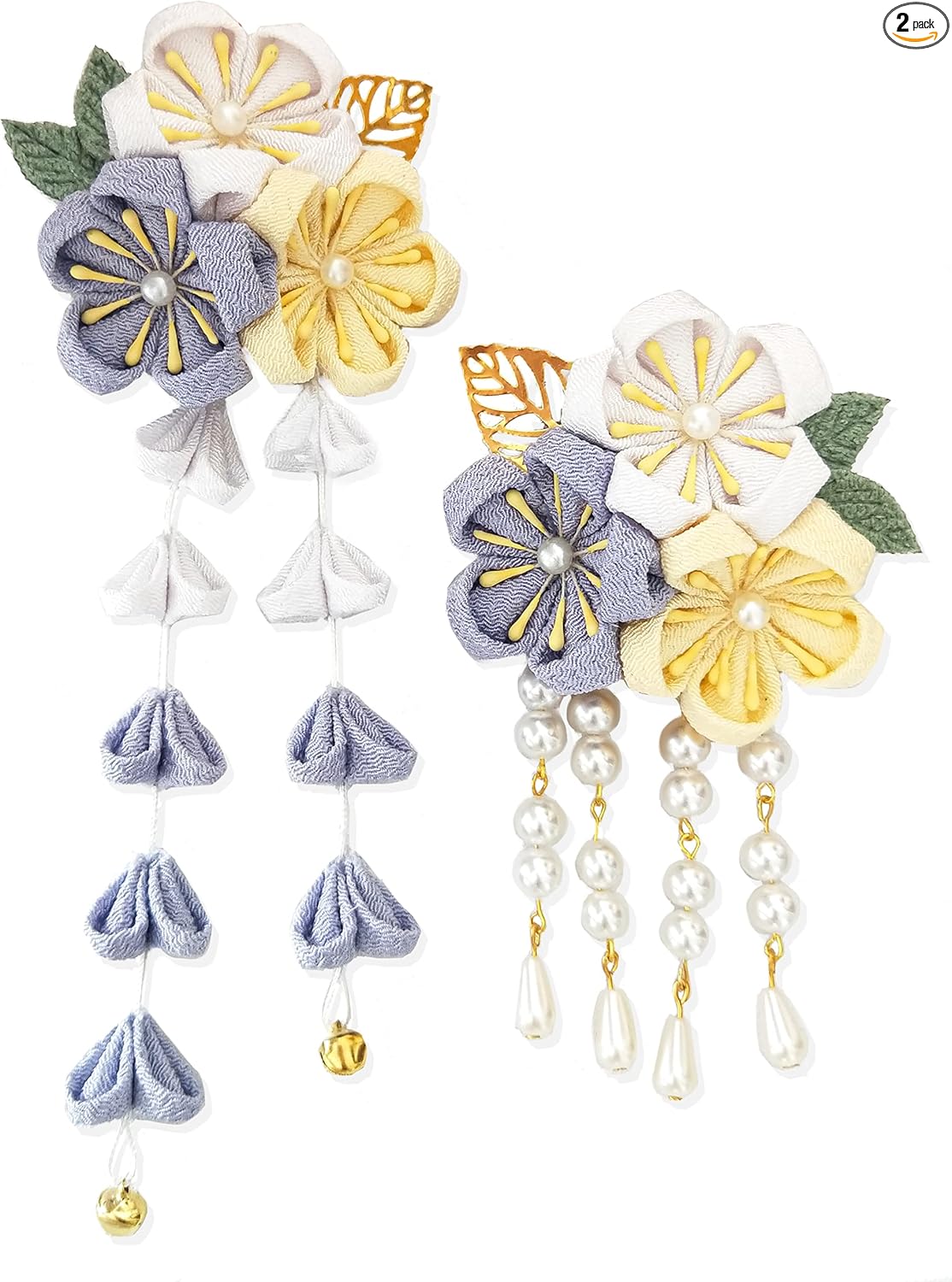 JZOON Hair Ornaments 2-Piece Set, Coming of Age Ceremony, Yukata, Hakama, Kimono, Furisode, Kimono, Kimono, Kimono, Handmade, Flowers, Graduation Ceremony, Wedding, Bell Included, Handmade, Red,