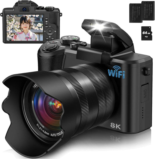YOODEE 8K WIFI Digital Camera, Digital Camera, 88 Megapixels, Touchscreen, Dual Lens, 48 Million CMOS Sensor, 64 GB MicroSD Card, 6-Axis Image Stabilization, Autofocus, 16X Zoom, 2 Batteries Included