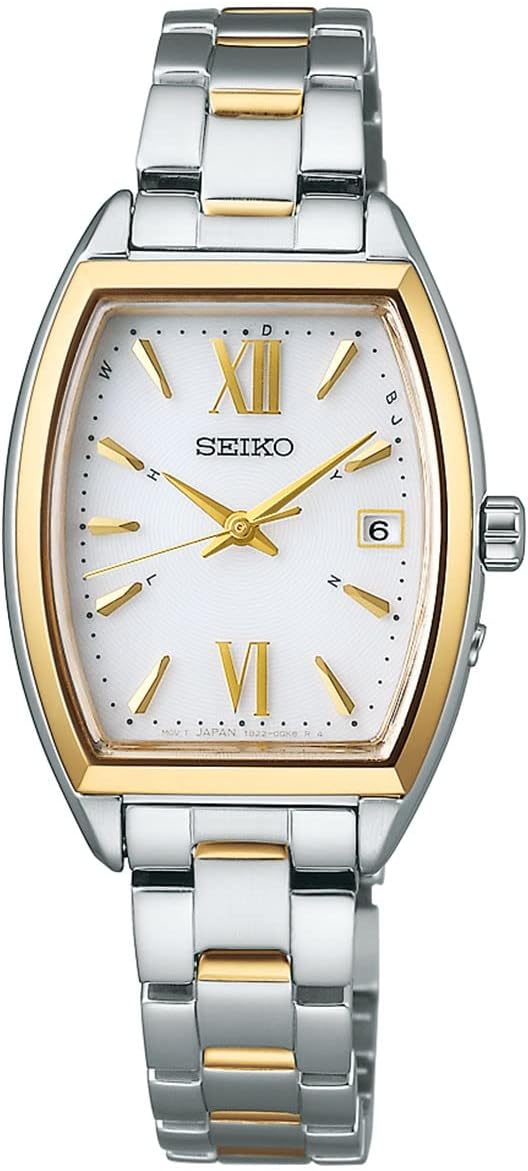 Seiko Selection S Series Women's Wristwatch, Tonneau Type, Solar Radio Wave, Case: Silver & Yellow Gold; Dial: White, Case Shape: Tonneau (barrel type)