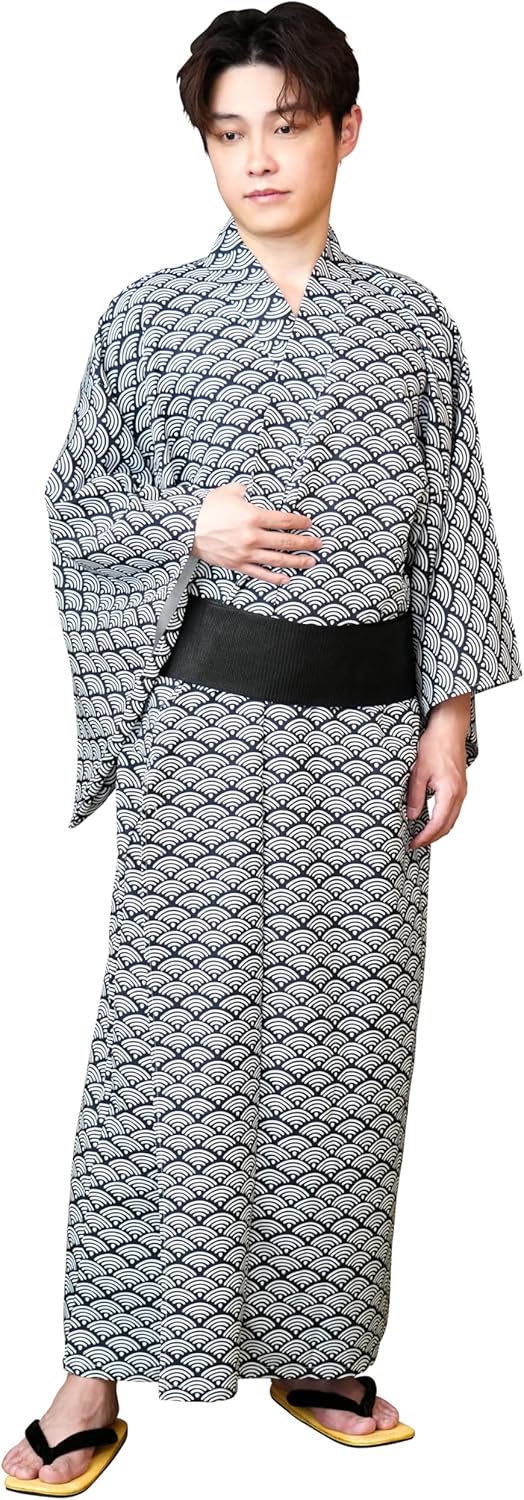 Clear Stone Cosplay, Halloween, Men's Kimono Set, Blue Sea Wave, Navy
