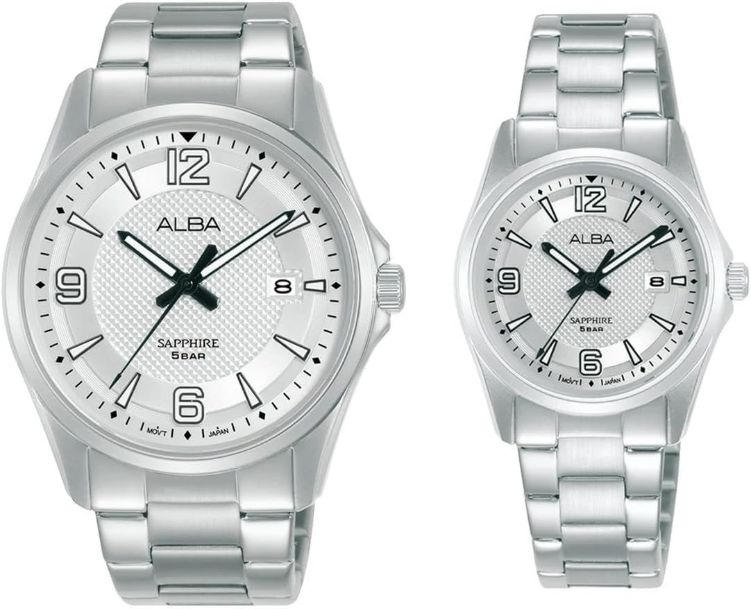 Seiko Alba Pair Watch Silver Quartz Analog Date Calendar Stainless Steel Bracelet Watch Men Women Japanese Movement Business Watch Dress Watch, Silver, Bracelet Type
