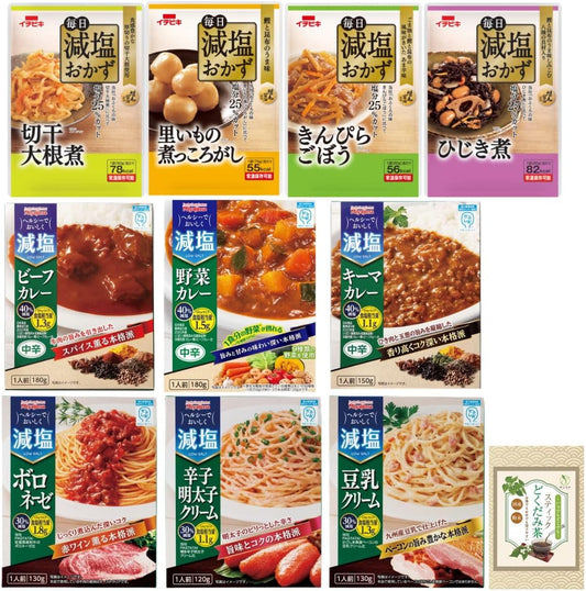 Reduced Salted Side Dishes Retort Assortment Ichibiki (4 Types of Reduced Salt Side Dishes), Miyajima Soy Sauce (Reduced Salt Curry, Pasta, 6 Types) + 1 Stick Dokudami Tea Bottle, Reduced Salt Dishes,