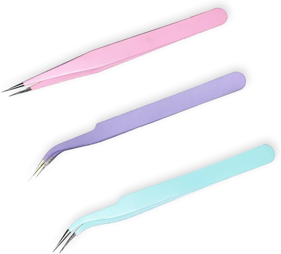 Tweezers, Plastic Model Tools, False Eyelashes, Precision Work, Stainless Steel, For Eyelash Extensions, Heavy Duty Specifications, DIY, Handmade Production, Handmade, Pink, Blue, Purple, 3 Pieces