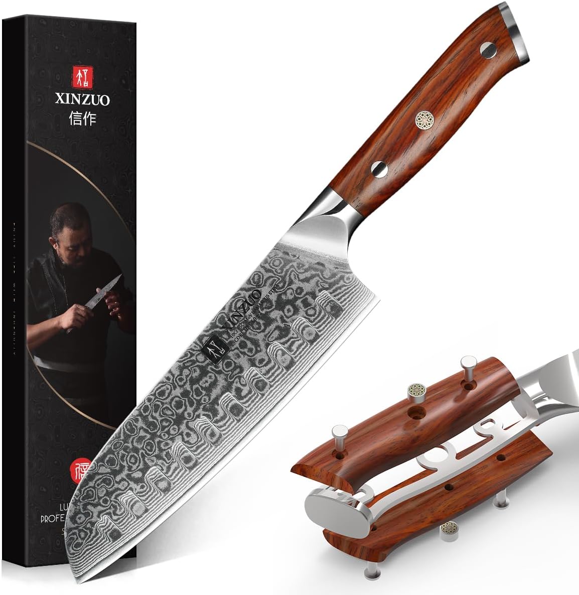 XINZUO Damascus Steel Santoku Knife 18cm Santoku Knife - Professional Chef Knife Multifunctional Kitchen Cooking Knife, Suitable for Cutting Meat, Vegetables and Fruits - Ergonomic Rose Wood Handle