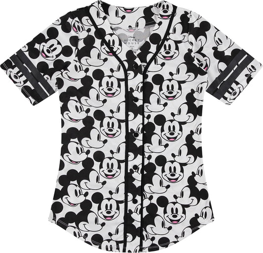 Disney Women's Baseball Jersey – Ladies Mickey Minnie Mouse Lilo Stitch Mesh Button-Up Fashion Top Shirt