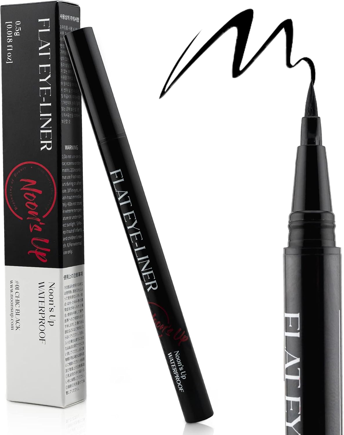 NOON'S UP K-MAKE UP Flat Eyeliner, Thick Black, Quick Dry, Waterproof, Fineliner, Multi-Liner, Ultra Slim & Bold Brush, 0.5g
