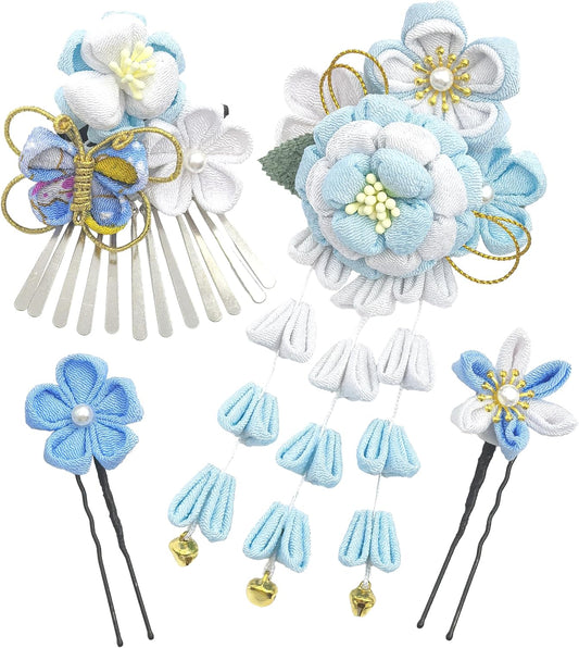 [Jzoon] 髪飾り 蝶 4点セット 成人式 七五三 卒業式 結婚式 浴衣 袴 振袖 和装 手作り つまみ細工 花 鈴付き 青 H2115