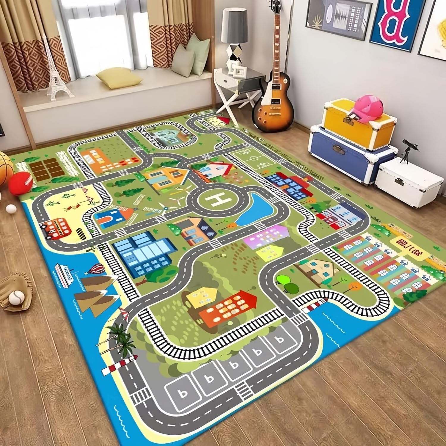 Rug, Kids Mat, Play Mat, Road, Traffic, Map, Railway, Plarail, Tomica, Car Pattern, Washable, Anti-slip, Soundproofing, Mildew Resistant, Gentle Texture, Early Education, Educational Toy Mat, Nursery