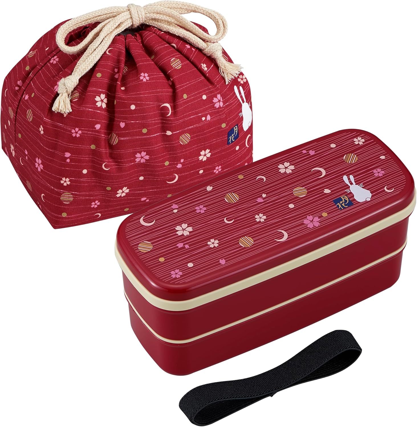OSK PW-28C Moonflower Lunch Box, 2-Tier Bento Box, Drawstring Bag, Chopsticks, Dividers, 21.2 fl oz (640 ml), Made in Japan, Dishwasher Safe, Microwave Safe, Easy to Clean, Stain Resistant, Stylish, Cute, Compact, Unisex