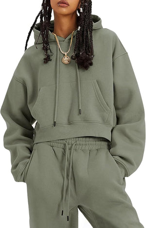 Flygo Conjunto deportivo de 2 piezas de forro polar para mujer, sudadera corta, sudadera y pantalones deportivos