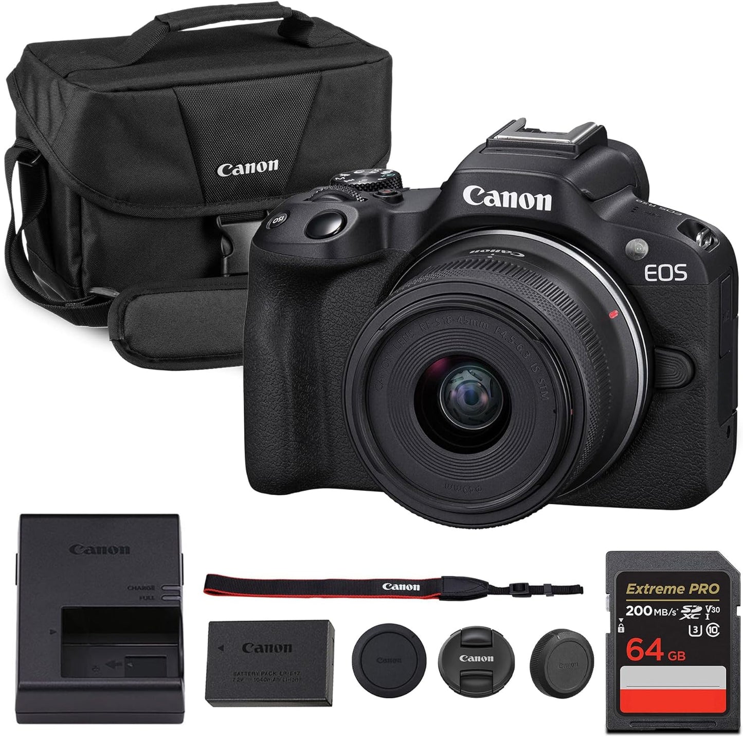 Canon EOS R50 Mirrorless Camera Kit - APS-C RF Camera with 18-45mm Lens, 4K Video, Dual Pixel AF II & Variable Angle Touch Screen (5811C012) + Canon Shoulder Bag + 64GB Memory Card
