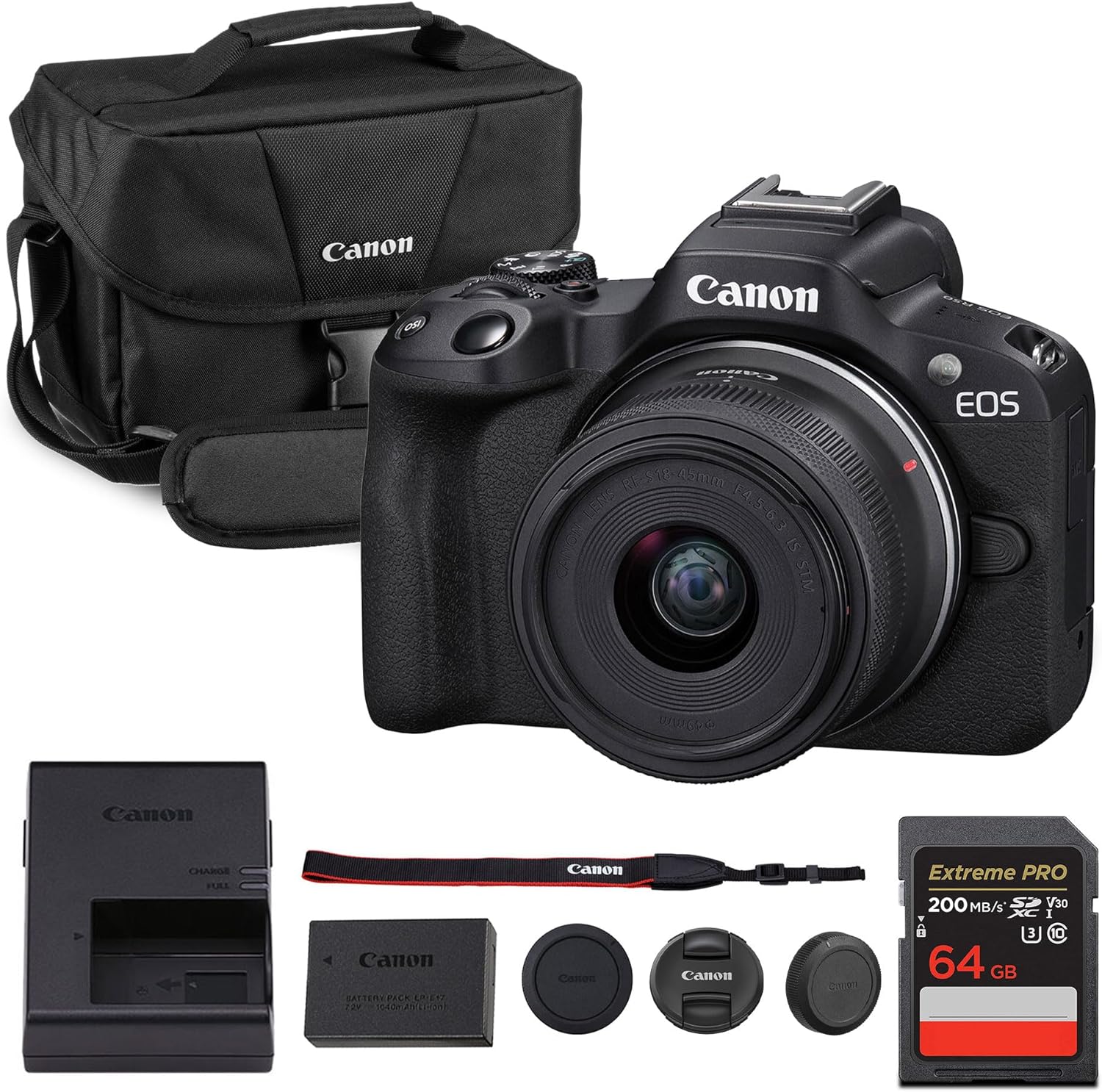 Canon EOS R50 Mirrorless Camera Kit - APS-C RF Camera with 18-45mm Lens, 4K Video, Dual Pixel AF II & Variable Angle Touch Screen (5811C012) + Canon Shoulder Bag + 64GB Memory Card