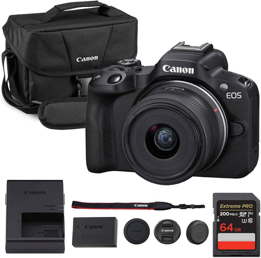 Canon EOS R50 Mirrorless Camera Kit - APS-C RF Camera with 18-45mm Lens, 4K Video, Dual Pixel AF II & Variable Angle Touch Screen (5811C012) + Canon Shoulder Bag + 64GB Memory Card