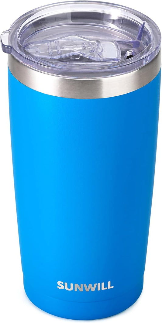 SUNWILL Vaso de café de viaje de 20 onzas, taza aislada con tapa, taza de acero inoxidable para exteriores, recubrimiento en polvo, color azul rey