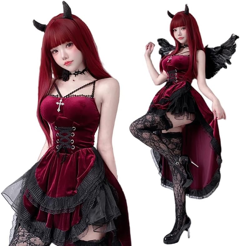 JUNDOMECY Witch Devil Cosplay Little Devil Sexy 6-Piece Set Wings Petticoat Black Red Devil Vampire Halloween Costume Adult Women Cute Large Size Horn One-Piece Dress Elf Ears Knee-High Socks Included