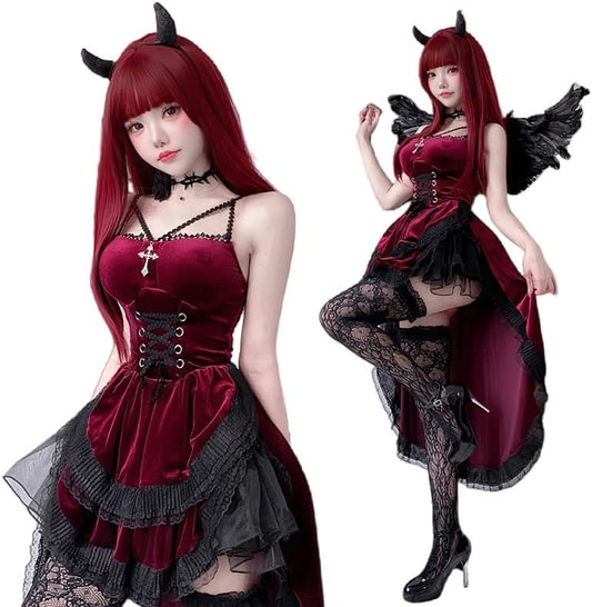 JUNDOMECY Witch Devil Cosplay Little Devil Sexy 6-Piece Set Wings Petticoat Black Red Devil Vampire Halloween Costume Adult Women Cute Large Size Horn One-Piece Dress Elf Ears Knee-High Socks Included
